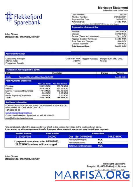 Downloadable Norway Flekkefjord Sparebank mortgage statement Word and PDF template
